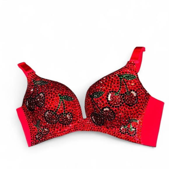 Cherry Theme Crystal Rhinestone Sparkly Classic Red Glam Bling Wireless Bra Top - Picture 4 of 15